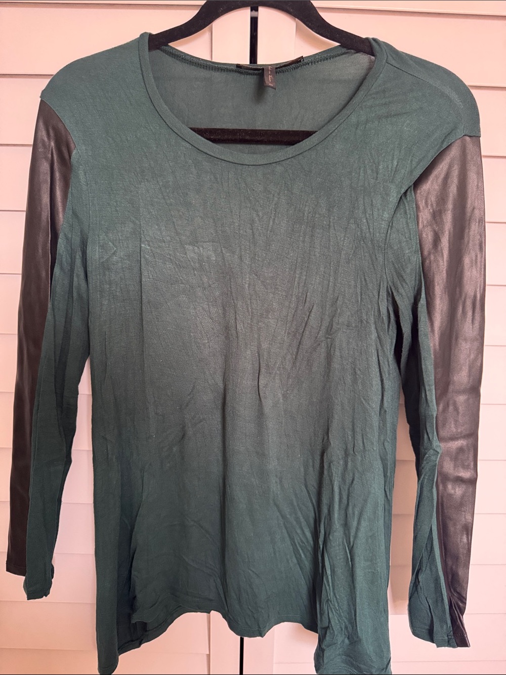 BCBGMaxAzria Teal Long-Sleeve Top with Black Faux-Leather Sleeves